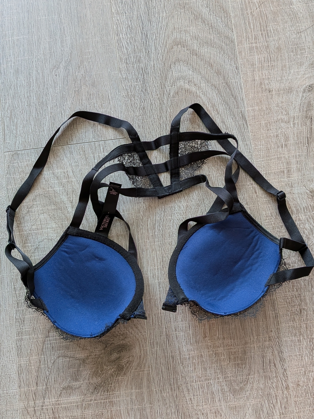 Victoria's Secret Navy Blue Black Lace Front Clasp Strap Push Up Bra 32B - Picture 5 of 8
